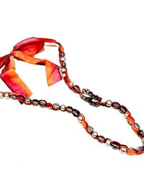 LOFT Beaded Red Ribbon Statement Necklace | NWOT